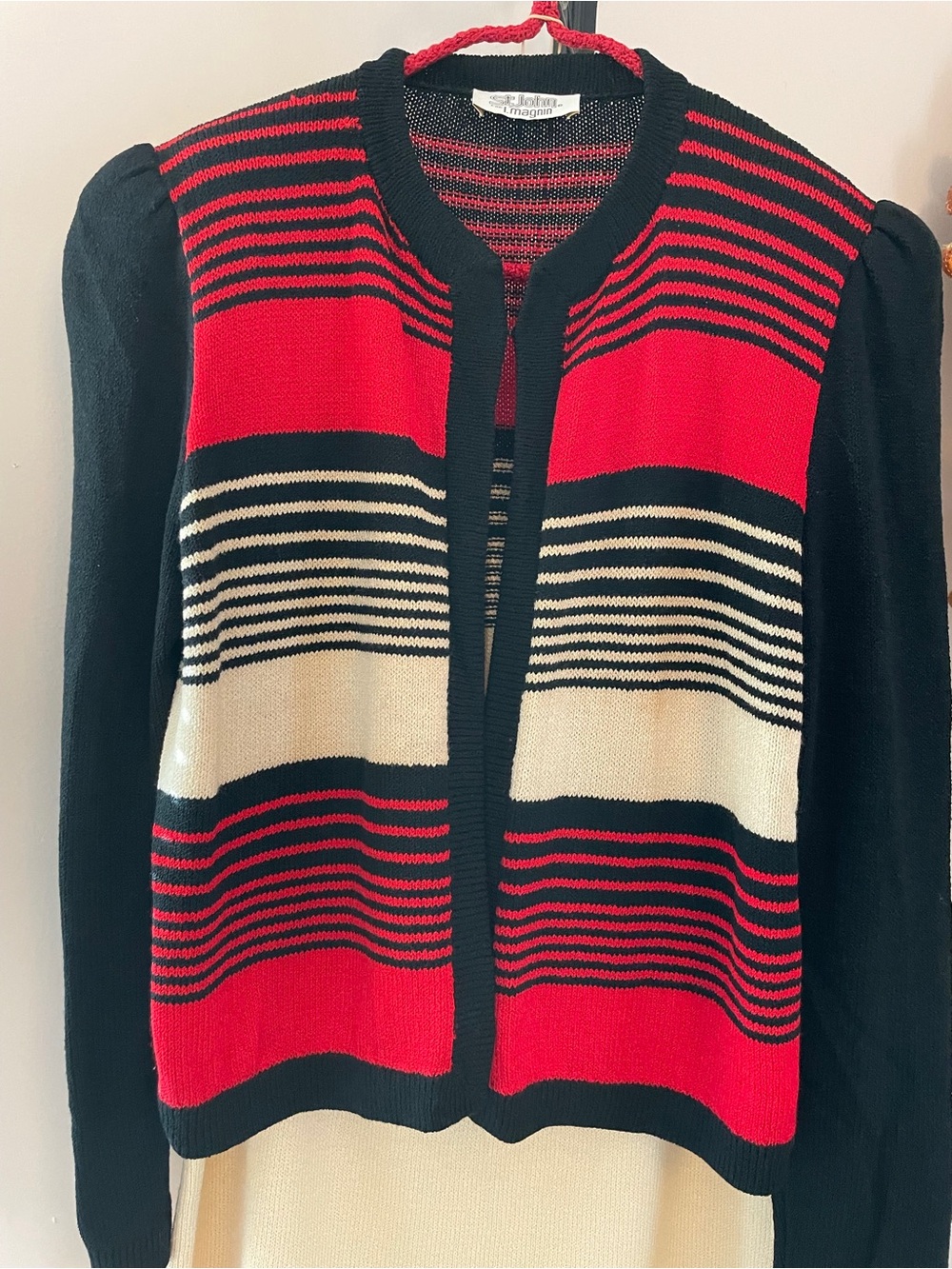 St. John I Magnin Vintage Red, Black & Cream Striped Knit Blazer Size 8